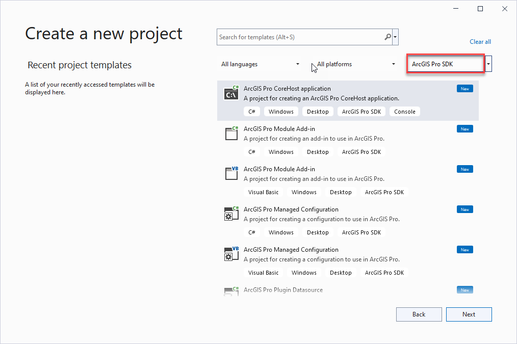 ArcGIS Pro SDK templates filter ArcGIS_Pro_Addins_VS2019.png