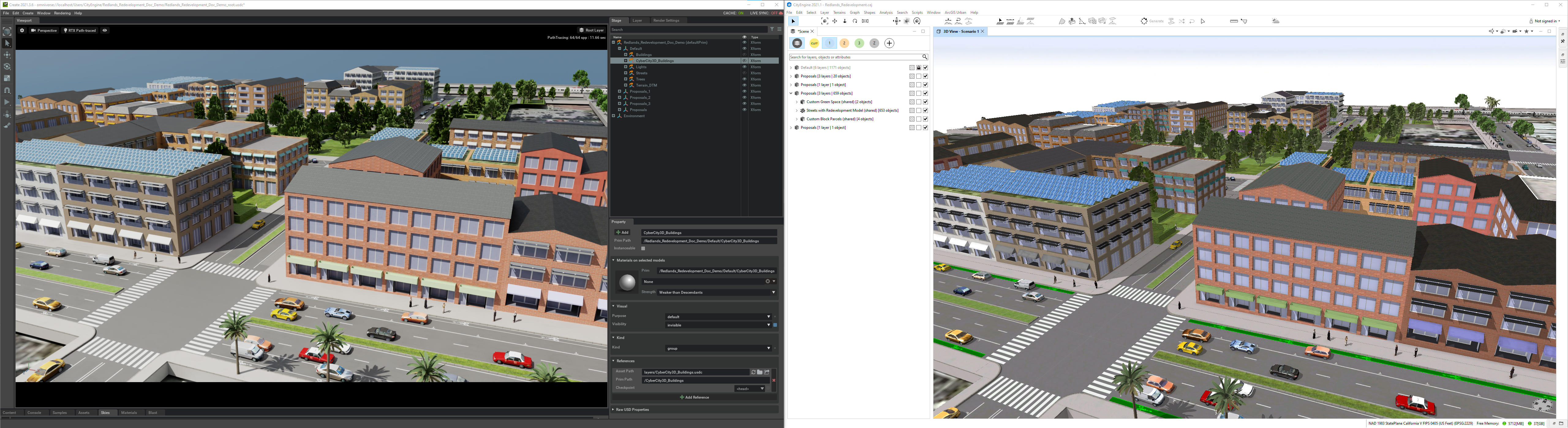 Omniverse Create and CityEngine side-by-side